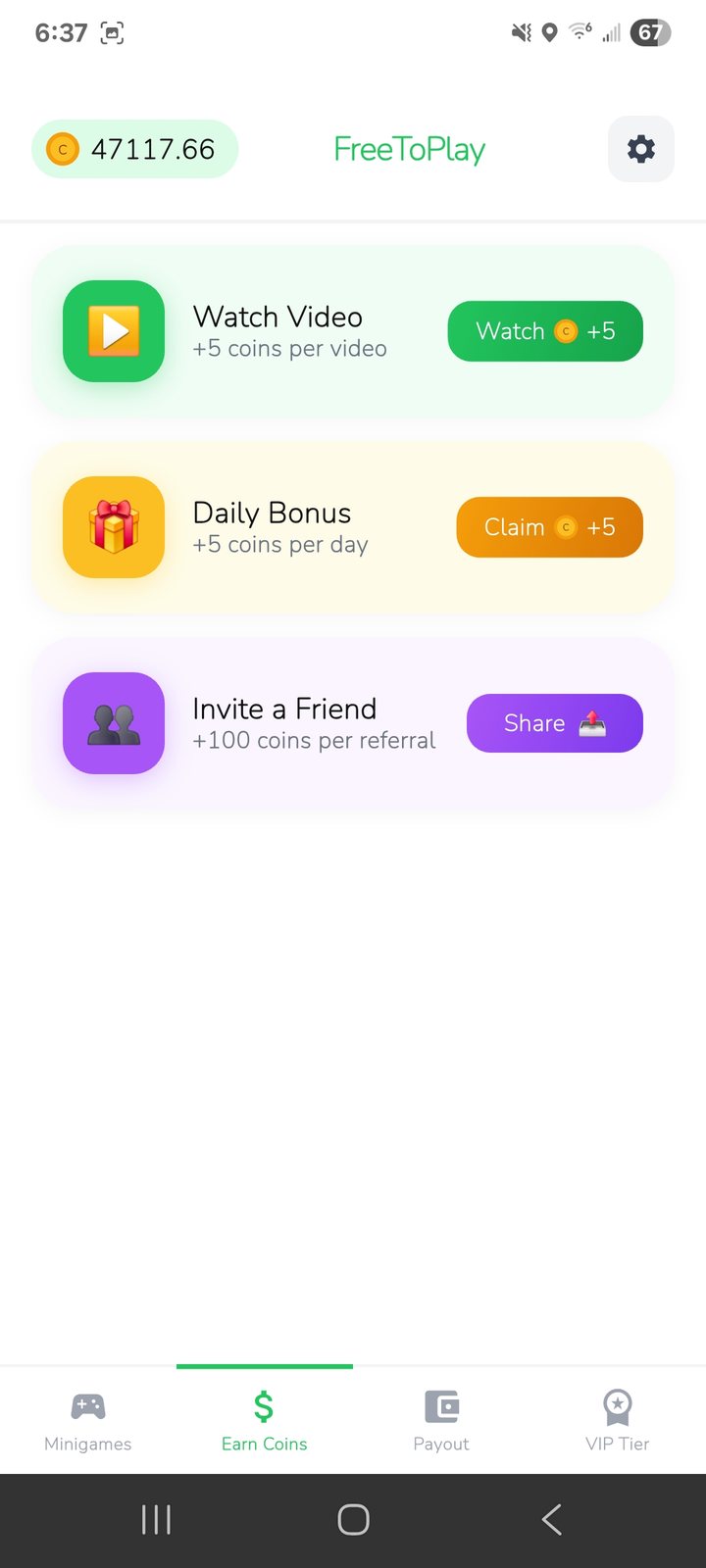 Earn Coins screen with Watch Video, Daily Bonus and Invite a Friend