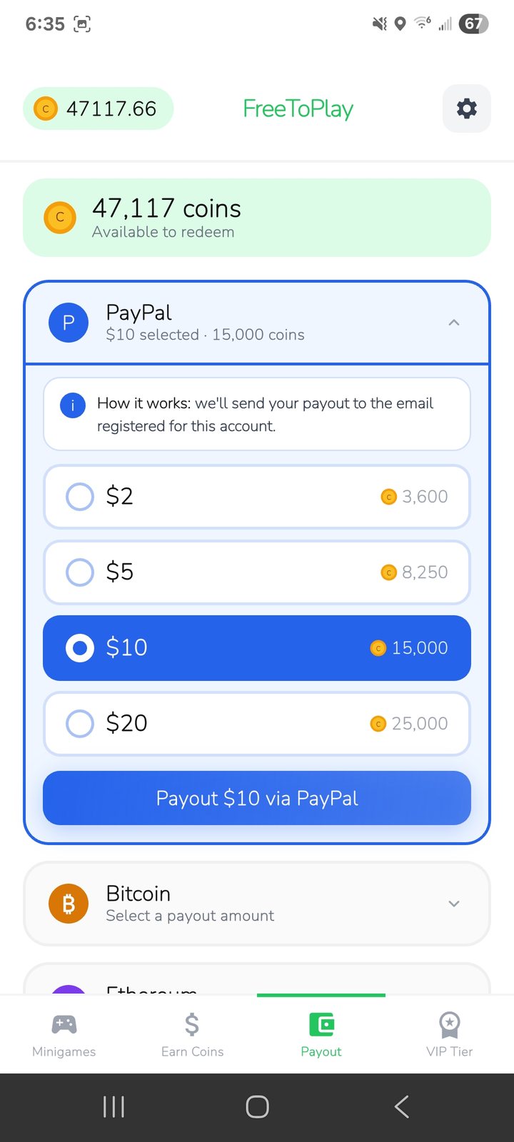 Payout screen showing PayPal redemption options